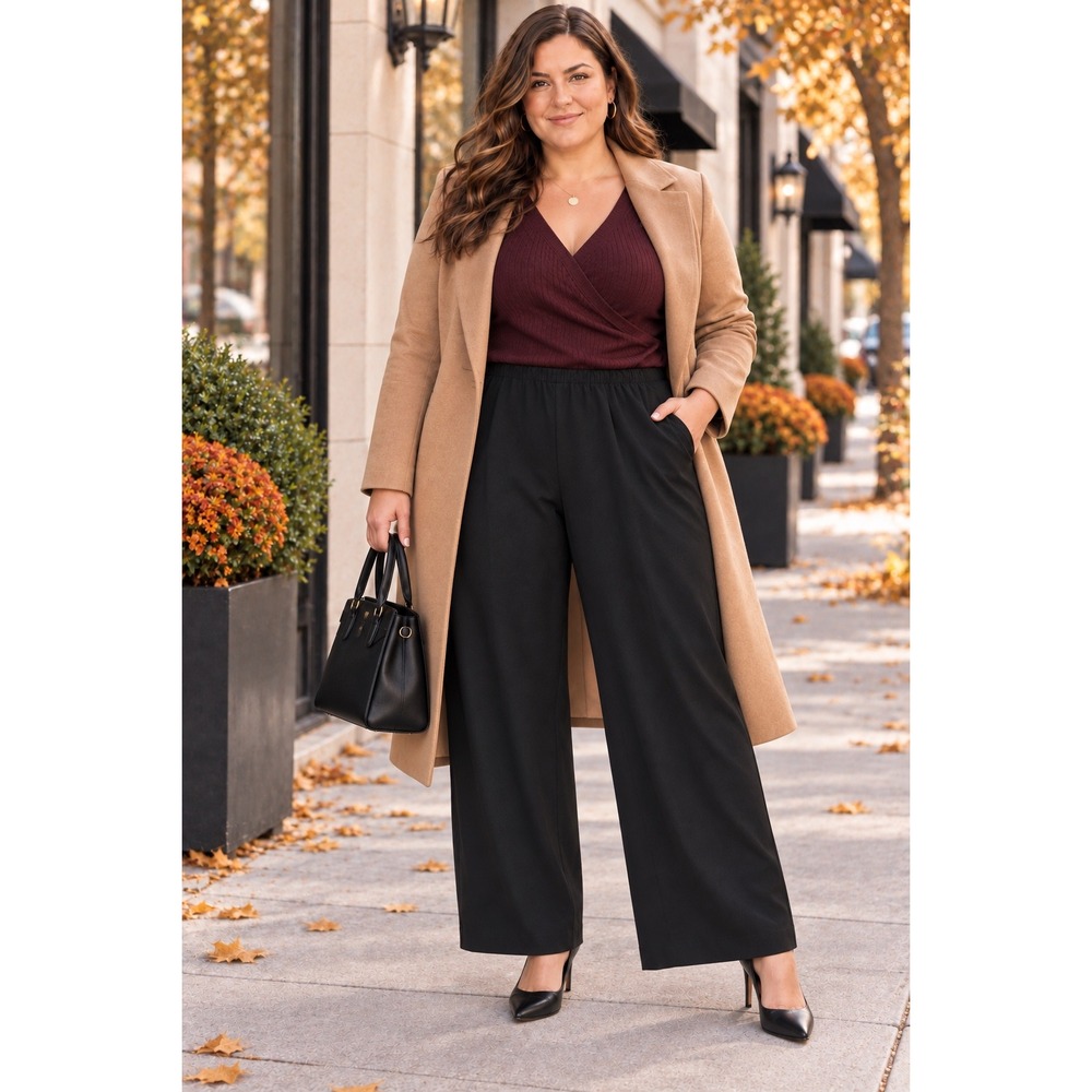 Kasper Plus Size 2X Black Pull-On Pants Stretch Wide Leg Career Trousers